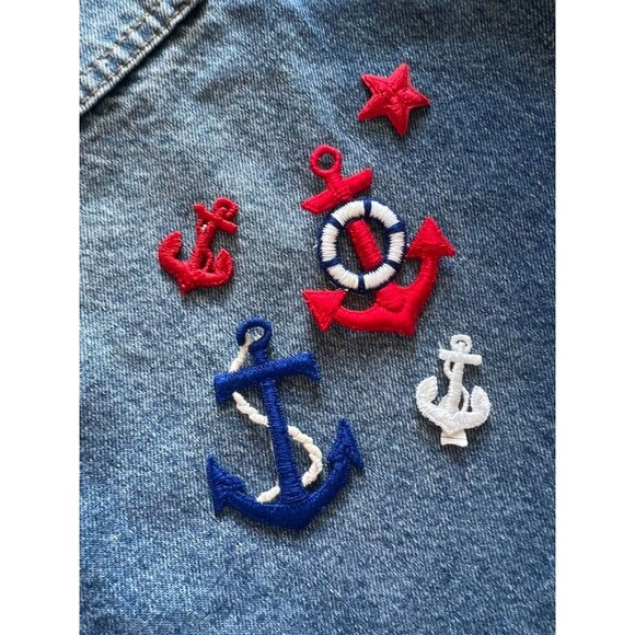 Vintage 80s 90s Nautical Anchors & Red Star Sew-On Embroidered Patch Set Denim - Picture 1 of 7